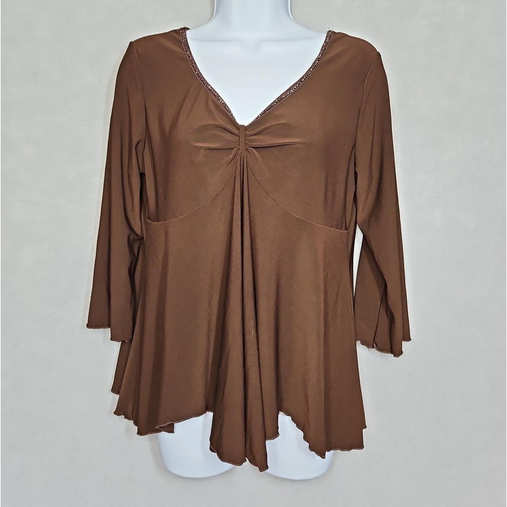 JTB Womens Brown V Neck Empire Waist 3/4 Sleeve Blouse Size Large